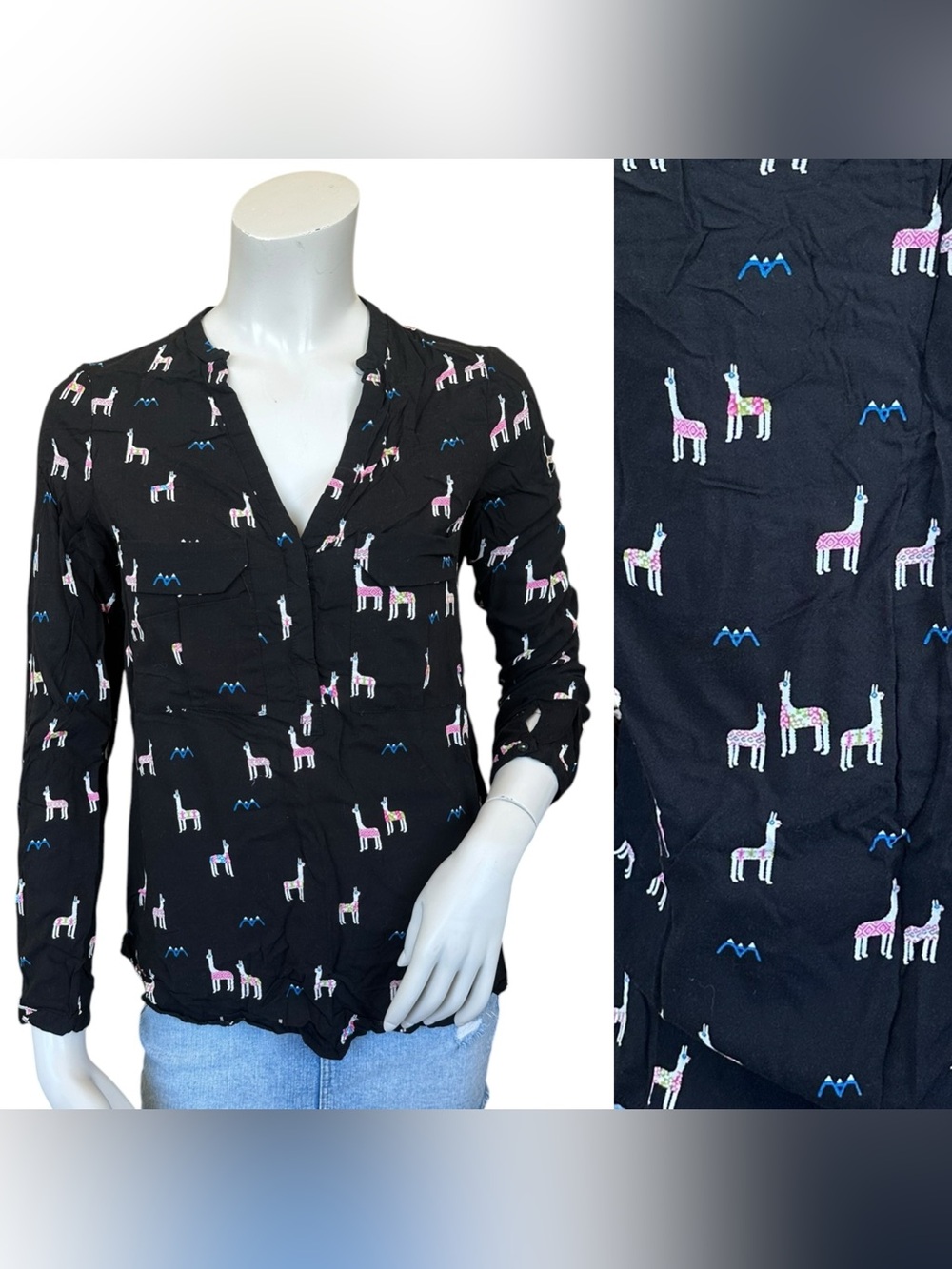 Anthropologie Maeve Black Long Sleeve Button Down Alpaca Llama Print Blouse Sz 6